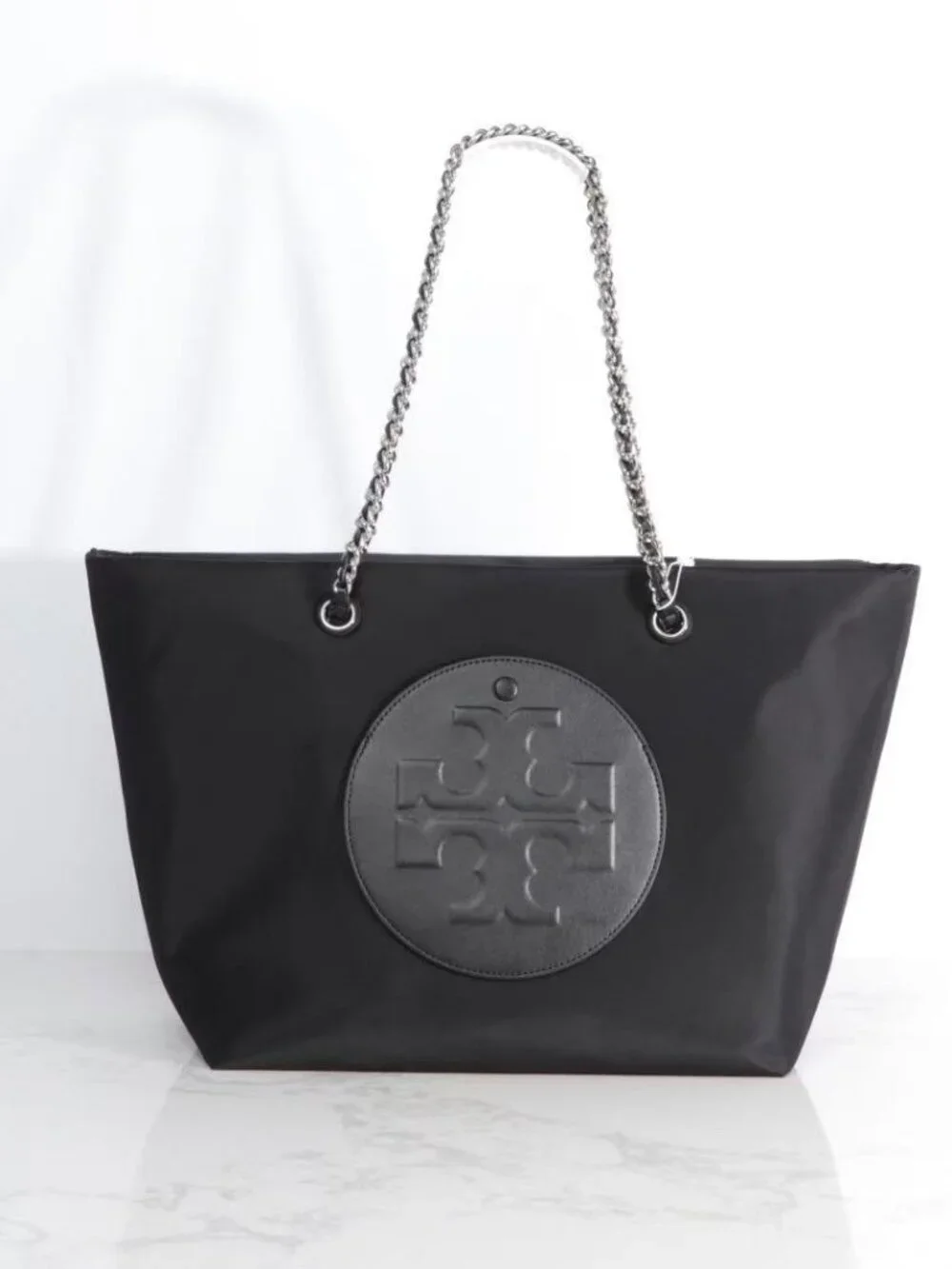 Tory Burch Black Nylon Ella Chain Tote Bag Large Embossed Shoulder Handbag